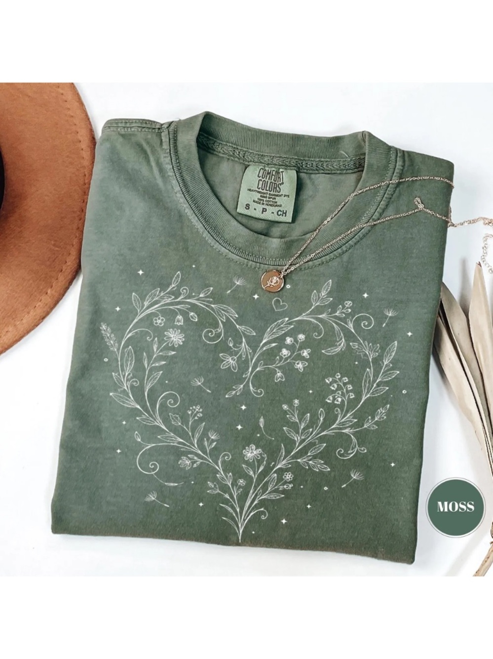 Comfort Colors Moss Green Floral Heart Short Sleeve Tee